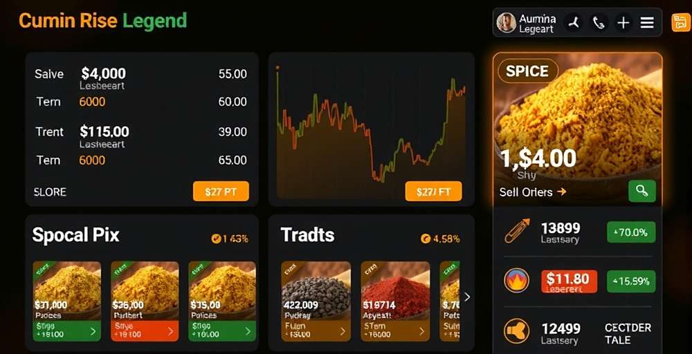 Cumin Rise Legend Trading Interface Cumin Rise Legend trading interface showing various spices with fluctuating prices and market trends