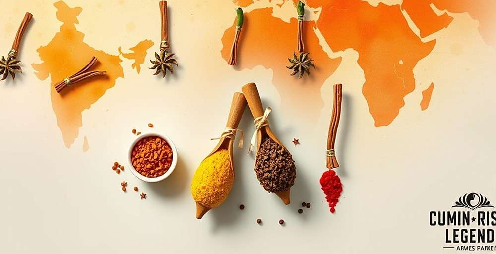 Cumin Rise Legend International Markets Expansion Concept art for Cumin Rise Legend's upcoming international market expansion showing Indian spices being traded globally