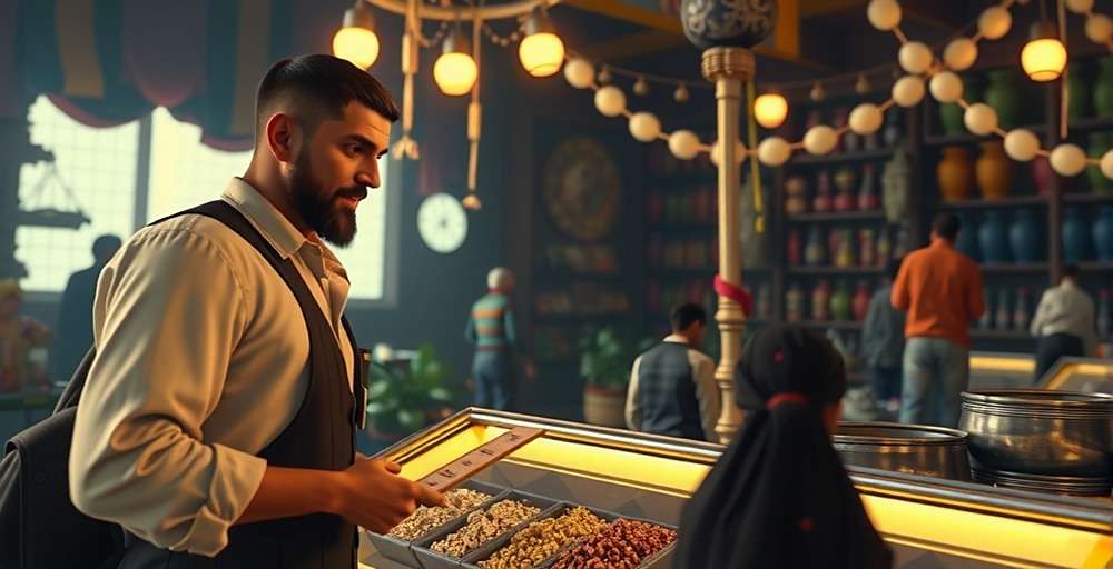 Cumin Rise Legend Market Gameplay Cumin Rise Legend gameplay screenshot showing player negotiating spice prices with a local vendor in a colorful Indian market