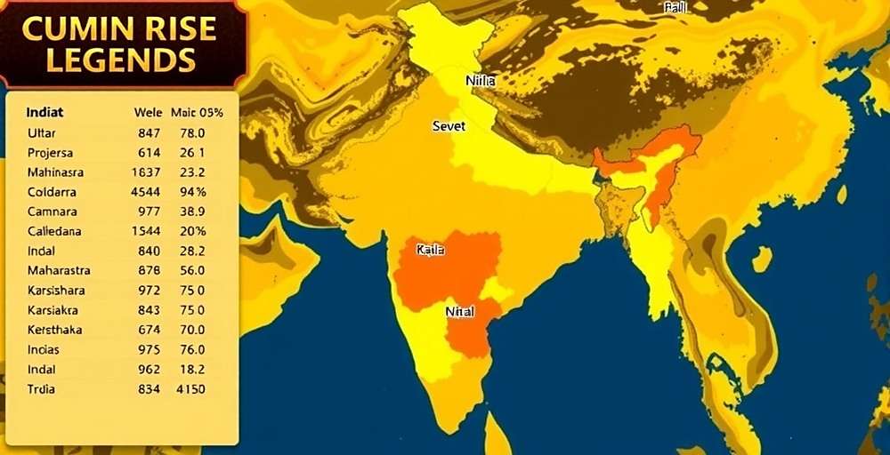Cumin Rise Legend Regional Popularity Map of India showing Cumin Rise Legend player density with highest concentrations in Uttar Pradesh, Maharashtra, and Karnataka