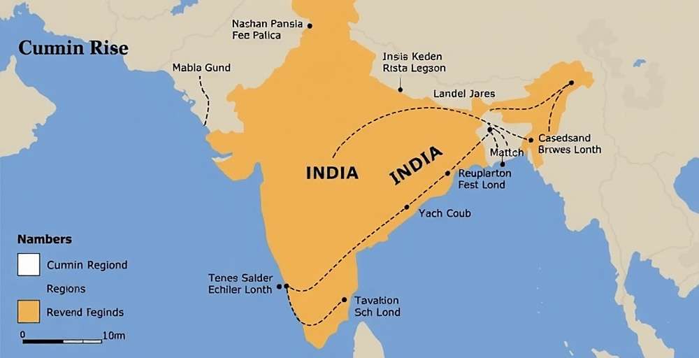 Cumin Rise Legend Trade Routes Cumin Rise Legend map showing different regions of India with trade routes connecting major spice markets